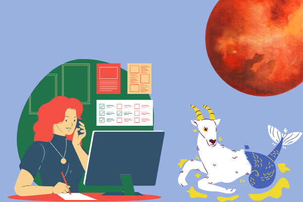 Ilustração de mulher trabalhando, planeta marte e símbolo de capricórnio