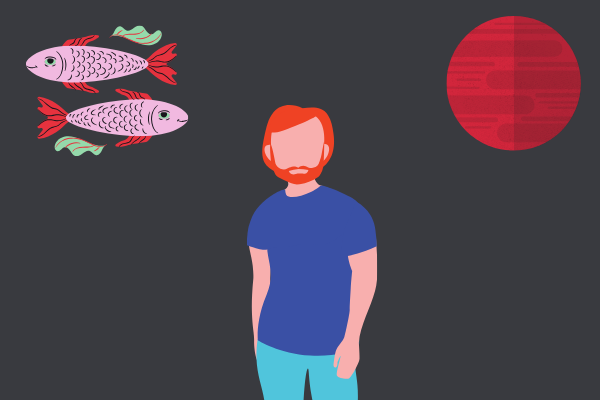 Ilustração de peixes, homem e planeta marte