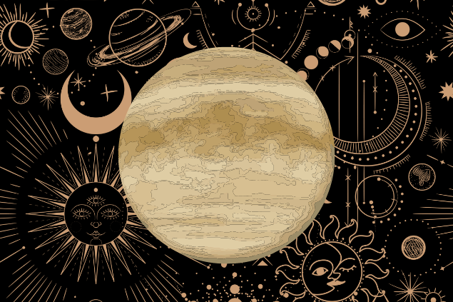 Planeta Vênus com desenhos astrológicos de fundo