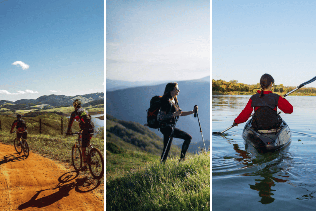 Montagem com 3 imagens de lugares na natureza e pessoas praticando esportes: na primeira, duas pessoas praticam ciclismo; na segunda, uma pessoa faz caminhada e, na terceira, uma pessoa anda de caiaque.