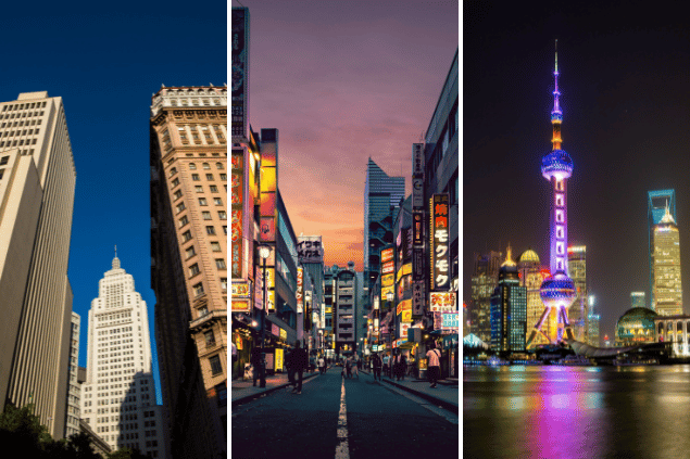 Montagem com 3 imagens de cidades diferentes: São Paulo (Brasil), Tóquio (Japão) e Xangai (China).