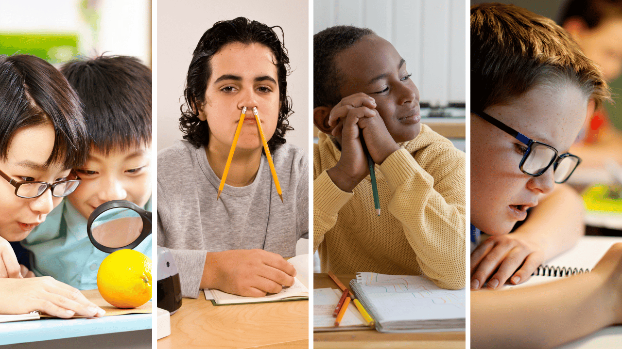 Montagem com alunos estudando, brincando e fazendo palhaçada