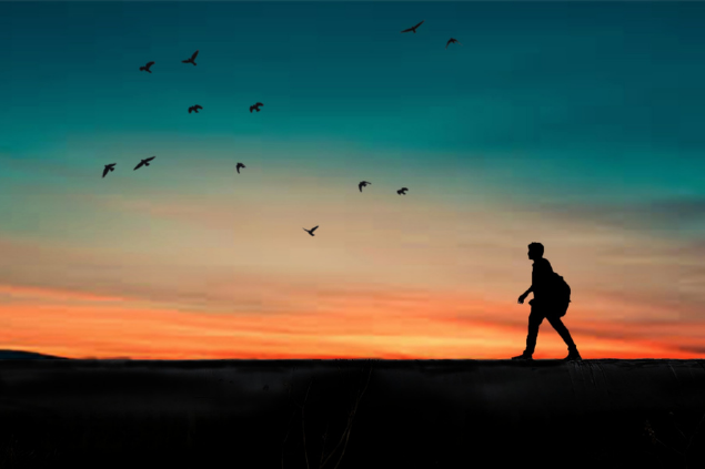 Silhueta de um homem caminhando durante um por do sol