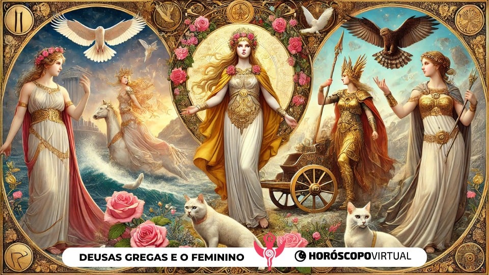 Imagem das deusas Afrodite, Freya e Atena, cada uma representada com seus atributos e características únicas.