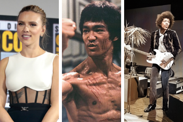 Imagem da atriz Scarlett Johansson, do ator Bruce Lee e do cantor e instrumentista Jimi Hendrix