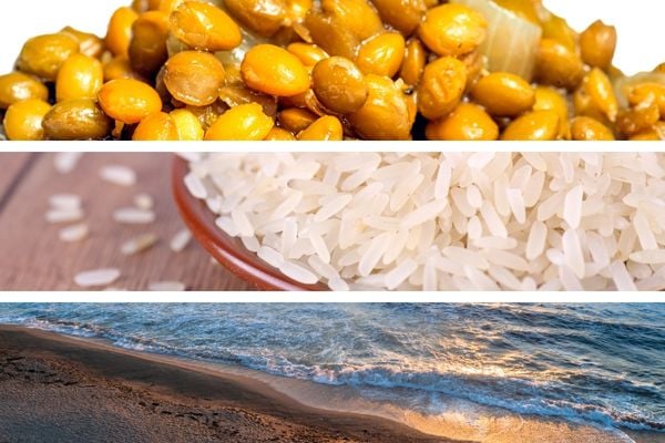 Imagem em gride de lentilha cozida, arroz cru e mar