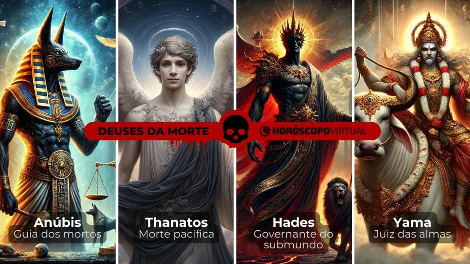 Montagem com os deuses da morte: Anúbis, Thanatos, Hades e Yama