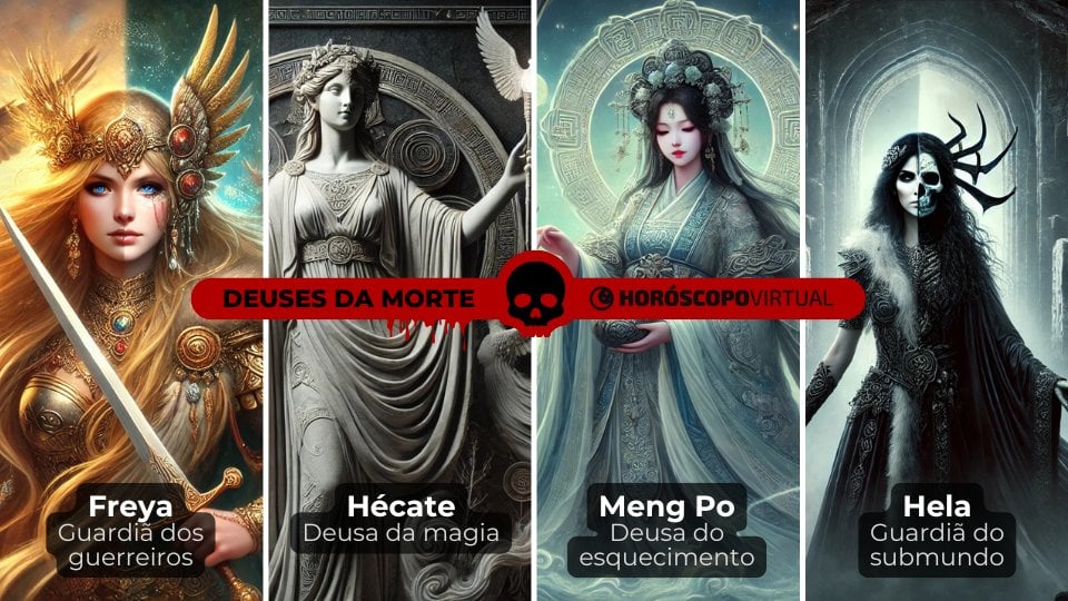 Montagem com os deuses da morte: Freya, Hécate, Meng Po e Hel