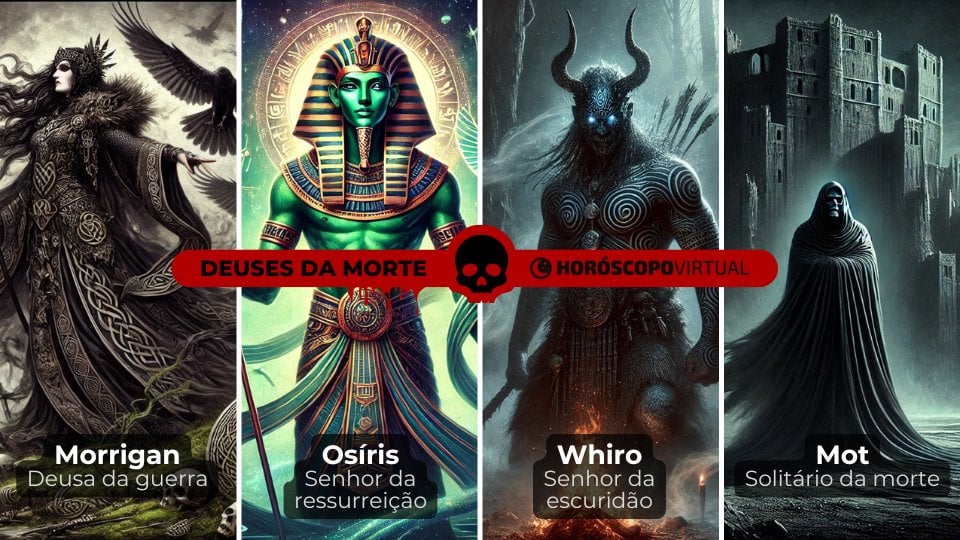 Montagem com os deuses da morte: Morrigan, Osíris, Whiro e Mot