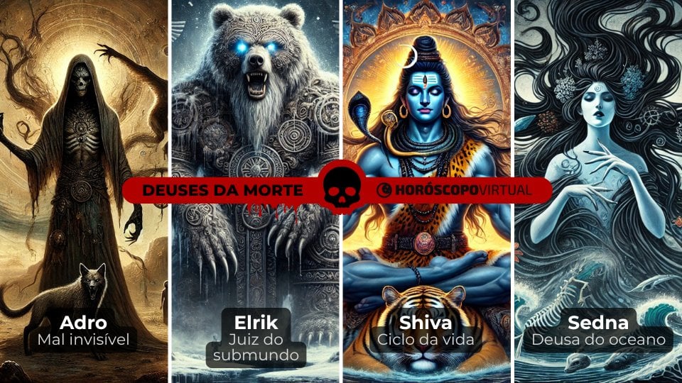 Montagem com os deuses da morte: Adro, Elrik, Shiva e Sedna