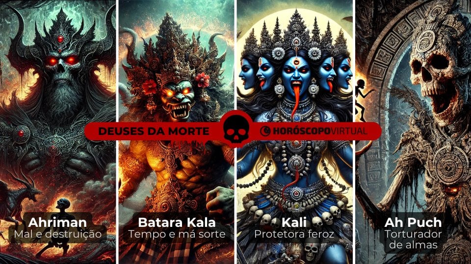 Montagem com os deuses da morte: Batara Kala, Kali, Ah Puch e Ahriman