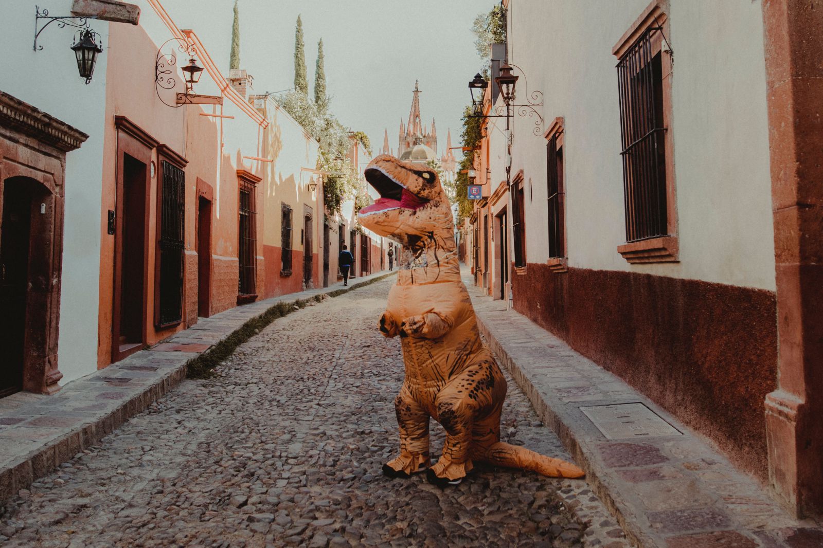 Pessoa fantasiada de dinossauro na rua