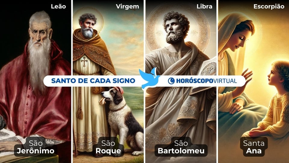 Imagem de 12 santos relacionados a cada um dos 12 signos do zodíaco.