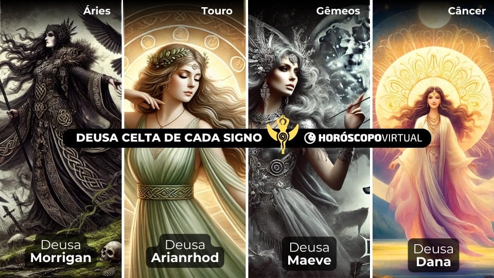 Imagem de 04 deusas celtas relacionadas aos signos de áries, touro, gêmeos e câncer.