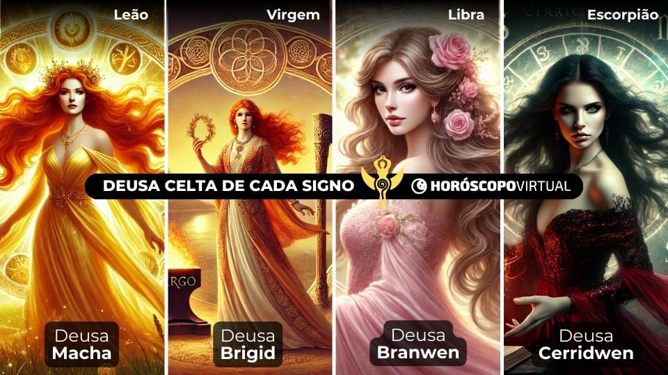 Imagem de 04 deusas celtas relacionadas aos signos de leão, virgem, libra e escorpião.