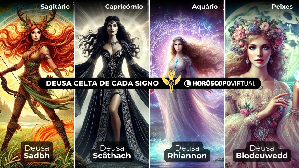 Imagem de 04 deusas celtas relacionadas aos signos de sagitário, capricórnio, aquário e peixes.